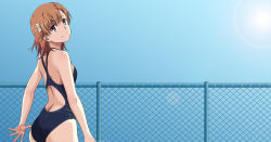 Rule 34 | 1girl, adjusting clothes, adjusting swimsuit, blue one-piece swimsuit, blue sky, brown eyes, brown hair, closed mouth, competition school swimsuit, flower, from behind, hair between eyes, hair flower, hair ornament, head tilt, looking at viewer, looking back, maruze circus, misaka mikoto, one-piece swimsuit, school swimsuit, shiny skin, short hair, sky, smile, solo, sun, swimsuit, toaru majutsu no index, white flower