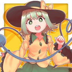 Rule 34 | 1girl, :d, black hat, bow, collared shirt, eyeball, eyes visible through hair, frilled sleeves, frills, green eyes, green hair, green skirt, hat, hat bow, heart, heart of string, highres, koishi day, komeiji koishi, long sleeves, looking at viewer, open mouth, raised eyebrows, ribbon, shirt, skirt, smile, solo, teeth, third eye, touhou, upper body, upper teeth only, wide sleeves, yellow background, yellow bow, yellow ribbon, yellow shirt, zanasta0810