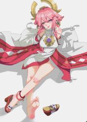 Rule 34 | 1girl, :p, absurdres, barefoot, feet, genshin impact, highres, japanese clothes, light blush, long hair, looking at viewer, miko, pink hair, purple eyes, shoes, soles, the alchemist, toes, tongue, tongue out, unworn shoes, yae miko
