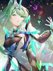 Rule 34 | 1girl, black leotard, blurry, blurry background, breasts, bug, butterfly, chest jewel, cleavage, gloves, glowing butterfly, green eyes, green hair, headgear, high ponytail, highres, insect, large breasts, leotard, pneuma (xenoblade), solo, tiara, ui frara, white gloves, white leotard, xenoblade chronicles (series), xenoblade chronicles 2