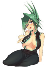 Rule 34 | 1girl, bad id, bad pixiv id, bare shoulders, blush, breasts, china dress, chinese clothes, cum, dress, facial, green hair, hair ornament, large breasts, looking at viewer, mameojitan, open clothes, open mouth, purple eyes, shaman king, short hair, solo, tao jun, white background