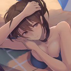 Rule 34 | 10s, 1girl, beach, bikini, blue bikini, breasts, brown eyes, brown hair, choker, cleavage, collarbone, dyson (edaokunnsaikouya), hand on own head, hand on own shoulder, kaga (kancolle), kantai collection, large breasts, light smile, long hair, looking at viewer, lying, on side, revision, shadow, side ponytail, solo, swimsuit, umbrella, underboob