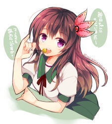 Rule 34 | 10s, 1girl, :o, :p, ariko youichi, brown eyes, brown hair, candy, dated, food, green skirt, hair ornament, holding, kantai collection, kisaragi (kancolle), kuroame (nico709034), licking, lollipop, long hair, looking at viewer, open mouth, pleated skirt, purple eyes, round teeth, school uniform, serafuku, short sleeves, simple background, skirt, solo, sweets, teeth, tongue, tongue out, translation request, twitter username, white background