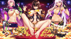 Rule 34 | 3girls, 504 gateway, ass, bb (fate), bb (fate) (all), bb (swimsuit mooncancer) (fate), bb (swimsuit mooncancer) (second ascension) (fate), bead bracelet, beads, belt, bikini, black garter belt, black hair, bracelet, breasts, cleavage, commentary, earrings, fate/grand order, fate (series), feet, florence nightingale (fate), florence nightingale (trick or treatment) (fate), fur trim, garter belt, gloves, green gloves, gyaru, holding, holding syringe, jewelry, large breasts, layered bikini, long hair, looking at viewer, micro shorts, miniskirt, multiple girls, navel, nurse, official alternate costume, official style, pink belt, pink eyes, pink hair, pointy ears, purple bikini, purple eyes, purple hair, revealing clothes, rubber gloves, semiramis (fate), shorts, shrug (clothing), skirt, star (symbol), star earrings, stomach, studded garter belt, swimsuit, syringe, tan, very long hair, yellow bikini, yellow eyes