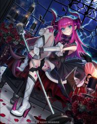 Rule 34 | 10s, 1girl, bad id, bad pixiv id, bat (animal), blood, blue eyes, candle, corset, dragon girl, dragon tail, elizabeth bathory (fate), elizabeth bathory (fate/extra ccc), elizabeth bathory (first ascension) (fate), fang, fate/extra, fate/extra ccc, fate (series), flower, honnou (kjs9504), horns, lightning, long hair, looking at viewer, microphone, microphone stand, pink hair, pointy ears, rose, smile, solo, tail, thighs