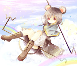Rule 34 | 1girl, animal ears, bad id, bad pixiv id, boots, dowsing rod, female focus, full body, grey hair, ichitaro, jewelry, mouse ears, mouse tail, nazrin, outdoors, rainbow, red eyes, short hair, sky, solo, star (symbol), tail, touhou