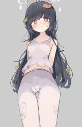 Rule 34 | 1girl, arms behind back, bare shoulders, black hair, blue archive, blush, body writing, breasts, camisole, closed mouth, collarbone, female focus, grey background, halo, heart, highres, leaf, leaf on head, long hair, looking at viewer, mikozin, miyu (blue archive), navel, pants, red eyes, simple background, sleeveless, small breasts, solo, standing, sweatdrop, tally, thigh gap, upper body, white camisole, white pants, yoga pants