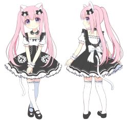 Rule 34 | 1girl, absurdres, animal ears, black bow, black dress, black footwear, blue eyes, blush, bow, cat ears, cat girl, cat tail, closed mouth, collarbone, crossed legs, dress, hair between eyes, head tilt, heart, highres, looking at viewer, looking back, mary janes, multiple views, original, own hands together, pink hair, profile, puffy short sleeves, puffy sleeves, ribbon-trimmed legwear, ribbon-trimmed sleeves, ribbon trim, riria (happy strawberry), shoes, short sleeves, simple background, smile, standing, tail, thighhighs, twintails, watson cross, white background, white thighhighs, wrist cuffs