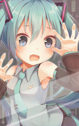 Rule 34 | 1girl, absurdres, against glass, aqua hair, aqua necktie, armpits, bare shoulders, black skirt, blue eyes, blush, body blush, breasts, collared shirt, detached sleeves, dot nose, fang, fourth wall, frilled shirt, frills, grey background, grey shirt, hair between eyes, hatsune miku, highres, leaning forward, long hair, looking at viewer, miniskirt, necktie, open mouth, pleated skirt, shirt, skirt, sleeveless, sleeveless shirt, small breasts, solo, tearing up, tears, tenon (love-e-nyanko), twintails, upper body, very long hair, vocaloid