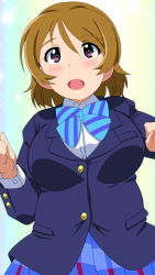 Rule 34 | 1girl, artist name, artist request, blue bow, blue cardigan, blue jacket, blue skirt, blush, bow, bowtie, breasts, brown hair, cardigan, checkered clothes, checkered skirt, collared shirt, doki2sdale, female focus, hair between eyes, highres, jacket, koizumi hanayo, large breasts, long sleeves, looking at viewer, love live!, love live! school idol project, miniskirt, otonokizaka school uniform, parted lips, pleated skirt, purple eyes, school uniform, shirt, short hair, skirt, solo, spudere (doki2sdale), striped, striped bow, white shirt