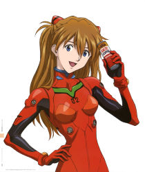 Rule 34 | 1girl, absurdres, blue eyes, bodysuit, brown hair, can, canned coffee, coffee, drink can, evangelion: 2.0 you can (not) advance, hair ornament, hand on own hip, highres, holding, interface headset, long hair, looking at viewer, matsubara hidenori, neon genesis evangelion, official art, open mouth, page number, pilot suit, plugsuit, product placement, rebuild of evangelion, scan, simple background, smile, solo, souryuu asuka langley, turtleneck, two side up, ucc coffee, upper body, white background
