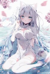 Rule 34 | 1girl, animal ears, aqua eyes, blush, breasts, cat ears, cleavage, commentary request, grey hair, groin, hair ornament, highres, large breasts, long hair, looking at viewer, navel, open mouth, original, outdoors, sitting, smile, solo, sushimekabu, thighhighs, wading, wariza, water, water drop, wet, wet clothes, white thighhighs