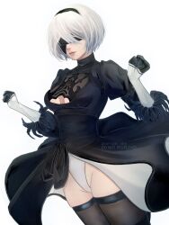 Rule 34 | 1girl, 2b (nier:automata), black blindfold, black dress, black hairband, black thighhighs, blindfold, breasts, cleavage, cleavage cutout, clothing cutout, commentary, dress, gloves, hairband, highres, leotard, mitsuki nite, mole, mole under mouth, nier:automata, nier (series), parted lips, short hair, simple background, small breasts, solo, standing, thighhighs, watermark, white background, white hair, white leotard
