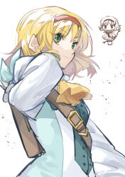 Rule 34 | 1girl, arm behind head, arrow (projectile), ascot, belt, belt buckle, blonde hair, blue ribbon, breasts, brown belt, buckle, buttons, chibi, closed mouth, collar, commentary, dress, frilled collar, frills, green eyes, hair behind ear, hairband, high collar, highres, long sleeves, looking to the side, medium hair, mikan tabetai, natalia luzu kimlasca lanvaldear, orange hairband, ribbon, shoulder belt, simple background, small breasts, tales of (series), tales of the abyss, upper body, white background, wrist ribbon, yellow ascot