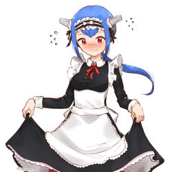 Rule 34 | 1girl, adapted uniform, alternate costume, blue hair, blush, bow, breasts, cowboy shot, crosscode, dress, enmaided, flying sweatdrops, frilled dress, frills, headgear, lea (crosscode), looking down, maid, maid headdress, medium breasts, red eyes, skirt hold, solo, twitter username, white bow, yuikannon