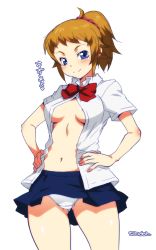 Rule 34 | 10s, 1girl, blue eyes, blush, breasts, brown hair, cleavage, gundam, gundam build fighters, gundam build fighters try, hands on own hips, hoshino fumina, large breasts, looking at viewer, mudou eichi, open clothes, open shirt, panties, pantyshot, ponytail, shirt, skirt, solo, standing, underwear