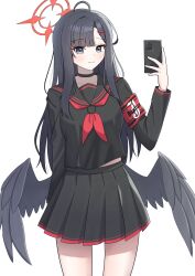 Rule 34 | 1girl, absurdres, ahoge, armband, black choker, black eyes, black hair, black sailor collar, black serafuku, black shirt, black skirt, black wings, blue archive, cellphone, choker, closed mouth, clothes writing, cowboy shot, hair ornament, hairclip, halo, hand up, highres, holding, holding phone, ichika (blue archive), light blush, long hair, long sleeves, looking at viewer, miniskirt, mollra, neckerchief, phone, pleated skirt, red armband, red halo, red neckerchief, sailor collar, school uniform, serafuku, shirt, simple background, skirt, smartphone, smile, solo, standing, taking picture, white background, wings