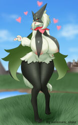 Rule 34 | 1girl, areola slip, breast curtains, breasts, cloud, creatures (company), curvy, day, eyelashes, female focus, heart, full body, furry, furry female, game freak, grass, heart, highres, huge breasts, meowscarada, nintendo, outdoors, pokemon, red eyes, river, shiny skin, sky, slit pupils, solo, standing, thick thighs, thighs, water, wide hips, wowowo-chan