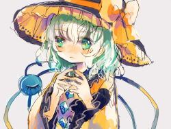 Rule 34 | 1girl, black hat, blouse, bow, buttons, diamond button, eyeball, frilled shirt collar, frilled sleeves, frills, green hair, hat, hat bow, hat ribbon, heart, heart of string, hiyuu (hiyualice), komeiji koishi, own hands together, ribbon, shirt, solo, third eye, touhou, upper body, wide sleeves, yellow bow, yellow ribbon, yellow shirt