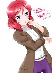 Rule 34 | 1girl, :o, absurdres, artist name, artist request, belt, blush, breasts, brown jacket, collared shirt, female focus, hair between eyes, half-closed eyes, hand on elbow, heart, highres, jacket, looking at viewer, love live!, love live! school idol project, nail, nail polish, nishikino maki, pants, parted lips, pink nails, pink nails, purple eyes, purple pants, red hair, shirt, short hair, small breasts, smile, solo, white background, white belt, white shirt, wing collar
