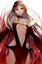 Rule 34 | 1girl, absurdres, bare hips, black dress, black hair, blood, blood in mouth, breasts, clenched hand, cowboy shot, dress, fate/grand order, fate (series), floating hair, fur trim, guricoogen, highres, long hair, looking at viewer, medium breasts, navel, red eyes, revealing clothes, sleeveless, sleeveless dress, solo, standing, striped clothes, striped dress, sweatdrop, tears, underboob, yu mei-ren (fate)