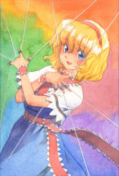 Rule 34 | 1girl, alice margatroid, blonde hair, blue eyes, capelet, crossed arms, dress, hairband, misawa hiroshi, open mouth, puppet rings, puppet strings, ring, short hair, smile, solo, touhou