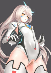 Rule 34 | 1girl, 3eye, :o, bandaid, bandaid on pussy, black background, black gloves, blush, cowboy shot, crotchless, detached sleeves, elsword, eve (elsword), facial mark, flat chest, foreshortening, from below, gem, gloves, glowing, leotard, long hair, long sleeves, looking at viewer, looking down, open mouth, silver hair, simple background, solo, standing, thighhighs, thighs, tiara, very long hair, white leotard, white thighhighs, yellow eyes