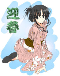 Rule 34 | 1girl, black hair, fujitsuki, japanese clothes, kimono, lowres, new year, sandals, sitting, sketch, solo
