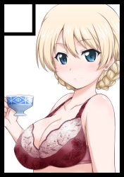 Rule 34 | 1girl, black border, blonde hair, blue eyes, blush, border, bra, braid, breasts, circle cut, cleavage, closed mouth, commentary, cup, darjeeling (girls und panzer), girls und panzer, holding, holding cup, lace, lace bra, light blush, looking at viewer, medium breasts, purple bra, short hair, smile, solo, swept bangs, teacup, twin braids, underwear, underwear only, white background, yts takana