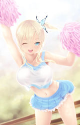 Rule 34 | 1girl, arm up, armpits, blonde hair, blue eyes, blue skirt, boku wa tomodachi ga sukunai, breasts, butterfly hair ornament, cait aron, cheerleader, hair ornament, highres, kashiwazaki sena, large breasts, long hair, looking at viewer, miniskirt, navel, one eye closed, open mouth, pom pom (cheerleading), side ponytail, skirt, smile, solo, standing, sweat