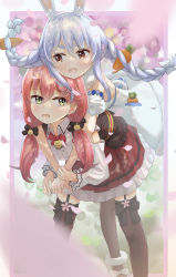 Rule 34 | 2girls, absurdres, animal ear fluff, animal ears, asakura (asa t77), bell, blue hair, blurry, blurry background, blurry foreground, bow, bowtie, braid, brown legwear, carrot hair ornament, cherry blossoms, chin rest, commentary request, detached sleeves, dress, feet out of frame, food-themed hair ornament, garter straps, green eyes, hair bell, hair between eyes, hair ornament, hair ribbon, head on head, head rest, highres, holding another&#039;s wrist, hololive, hug, hug from behind, jingle bell, leaning forward, leaning on person, leg ribbon, long sleeves, looking at viewer, looking to the side, low twintails, multiple girls, neck bell, open mouth, pantyhose, partial commentary, petals, pink hair, rabbit ears, red neckwear, red skirt, ribbon, sakura miko, sakura miko (casual), shirt, skirt, standing, standing on one leg, thick eyebrows, thigh ribbon, thighhighs, twin braids, twintails, usada pekora, usada pekora (1st costume), virtual youtuber, white dress, white shirt, zettai ryouiki