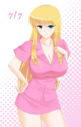 Rule 34 | 1girl, akimoto katherine reiko, aqua eyes, blonde hair, blue eyes, breasts, cleavage, hand on own hip, impossible clothes, impossible shirt, kochikame, kwsk, large breasts, long hair, looking at viewer, miniskirt, police, police uniform, policewoman, shirt, simple background, skirt, solo, uniform, very long hair