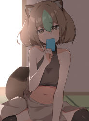 Rule 34 | 1girl, animal ears, bad id, bad pixiv id, black thighhighs, breasts, brown hair, brown skirt, eating, food, green hair, highres, indoors, multicolored hair, navel, original, personification, pinky out, popsicle, short hair, sitting, skirt, small breasts, tail, tanuki, tatami, thighhighs, two-tone hair, yuo6312