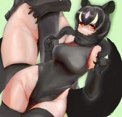 Rule 34 | 1girl, animal ears, aye-aye (kemono friends), bare shoulders, black dress, black gloves, black hair, black thighhighs, blonde hair, breasts, china dress, chinese clothes, commentary request, dress, dutch angle, elbow gloves, gloves, gluteal fold, green background, groin, hands up, highleg, highleg dress, highres, hip focus, kemono friends, large breasts, lemur ears, lemur tail, looking at viewer, medium hair, multicolored hair, multiple views, parted lips, pink hair, red eyes, scarf, shibori kasu, skindentation, sleeveless, sleeveless dress, taut clothes, taut dress, thighhighs