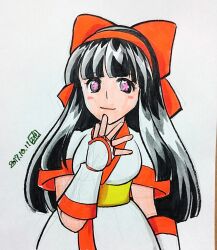 Rule 34 | 1girl, ainu clothes, black eyes, black hair, breasts, covering own mouth, dated, fingerless gloves, gloves, hair ribbon, hand over own mouth, highres, large breasts, long hair, looking at viewer, nakoruru, ribbon, samurai spirits, smile, snk, solo, the king of fighters, traditional media