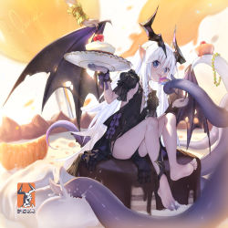 Rule 34 | 1girl, :p, artist name, barefoot, black dress, braid, candy, clover theater, commentary, demon girl, demon horns, demon wings, dress, english commentary, fafnir (clover theater), food, full body, gloves, highres, horns, lollipop, long hair, looking at viewer, observerz, official art, plate, pointy ears, purple eyes, signature, sitting, solo, sweets, tentacles, tongue, tongue out, very long hair, white hair, wings