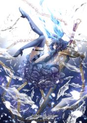 Rule 34 | 1girl, alice (sinoalice), blue dress, blue footwear, blue gloves, blue hair, blue thighhighs, dress, full body, gloves, hair between eyes, headband, highres, holding, holding sword, holding weapon, looking to the side, open mouth, red eyes, shards, shoes, short hair, sinoalice, solo, sword, thighhighs, weapon, yuliana
