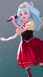 Rule 34 | 1girl, :d, absurdres, black vest, blue hair, boots, bow, bowtie, brown eyes, brown footwear, hair ornament, hand up, highres, holding, holding microphone, hoshikawa lily, long skirt, microphone, music, open mouth, ponytail, puffy short sleeves, puffy sleeves, red bow, red bowtie, red skirt, ryusei hashida, shirt, short sleeves, signature, singing, skirt, smile, solo, star (symbol), star hair ornament, striped bow, striped bowtie, striped clothes, striped neckwear, vest, wide-eyed, yellow shirt, zombie land saga