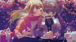 Rule 34 | 1boy, 1girl, :o, black gloves, black pants, blurry, blurry background, brown coat, brown hair, cake, closed eyes, coat, copyright name, dairoku ryouhei, eating, food, food on face, fork, gift, gloves, goggles, goggles on head, hetero, highres, himawari asanuma, joe deadman, licking, licking another&#039;s face, long hair, looking at another, outdoors, pants, plate, potg (piotegu), red coat, red scarf, scarf, sitting