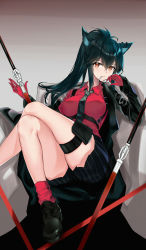 Rule 34 | 1girl, animal ears, arknights, armchair, bare legs, black footwear, black hair, black jacket, black necktie, black shorts, breasts, chair, closed mouth, collared shirt, crossed legs, gloves, grey background, high ponytail, highres, jacket, large breasts, long sleeves, looking at viewer, mouth hold, necktie, official alternate costume, open clothes, open jacket, orange eyes, red gloves, red shirt, shirt, shorts, sidelocks, simple background, sitting, solo, srpzk, striped clothes, striped necktie, striped neckwear, striped shorts, sword, texas (arknights), texas (willpower) (arknights), thigh strap, vertical-striped clothes, vertical-striped shorts, weapon, wolf ears