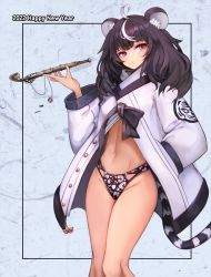 Rule 34 | 1girl, 2022, ahoge, animal ear fluff, animal ears, black hair, black panties, chain, chinese zodiac, coat, commentary request, groin, hand in pocket, happy new year, head tilt, highres, long hair, long sleeves, looking at viewer, multicolored hair, navel, new year, no pants, notte, open clothes, open coat, original, panties, purple eyes, smoking pipe, solo, standing, stomach, streaked hair, tail, tiger ears, tiger girl, tiger tail, unbuttoned, underwear, white coat, white hair, white panties, wide sleeves, year of the tiger