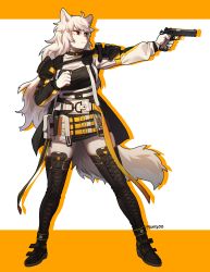 Rule 34 | 1girl, absurdres, animal ears, artist name, belt, belt buckle, body fur, boots, breasts, buckle, commission, full body, furry, furry female, gun, handgun, highres, holding, holding gun, holding weapon, large breasts, long hair, long sleeves, m1911, original, pgm300, pistol, red eyes, simple background, solo, standing, tail, thigh boots, thighhighs, two-tone background, watermark, weapon, white hair, yellow background, zettai ryouiki