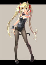 Rule 34 | 1girl, animal ears, bare shoulders, black pantyhose, blonde hair, blush, bow, bowtie, breasts, cat ears, cat tail, cleavage, detached collar, fake animal ears, full body, green eyes, hair ribbon, katahira masashi, kittysuit, long hair, nontraditional playboy bunny, original, pantyhose, ribbon, small breasts, smile, solo, tail, twintails, v, very long hair, wrist cuffs