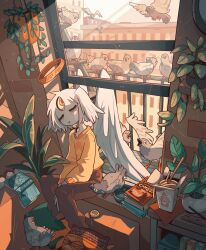 Rule 34 | 1girl, angel, bird, book, bookshelf, carles dalmau, closed eyes, food, halo, highres, indoors, ivy, leaf, open book, pigeon, pillow, plant, potted plant, short hair, sitting, solo, tree, white hair, window, wings