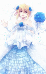 Rule 34 | 1girl, :d, blonde hair, blue flower, blue rose, bouquet, bow, collarbone, covered navel, detached sleeves, dress, flower, gundam, gundam seed, gundam seed destiny, hair between eyes, hair bow, hair flower, hair ornament, highres, holding, holding bouquet, long dress, looking at viewer, medium hair, off-shoulder dress, off shoulder, open mouth, red eyes, rose, smile, solo, standing, stellar loussier, twitter username, wedding dress, white background, white bow, white dress, white sleeves, yuuka seisen