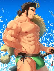 Rule 34 | 1boy, abs, bara, beard, black hair, blonde hair, blush, body hair, briefs, bulge, chest hair, facial hair, highres, large pectorals, long sideburns, looking at viewer, male focus, male underwear, manly, multicolored hair, muscular, nipples, pectorals, sideburns, solo, streaked hair, stubble, sword, tepen (tptptpn), thick eyebrows, thick thighs, thighs, tokyo houkago summoners, transparent background, underwear, weapon, yamasachihiko (housamo)