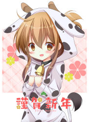 Rule 34 | 1girl, 2021, animal costume, animal ears, animal print, bad id, bad pixiv id, bell, brown eyes, brown hair, commentary request, cow costume, cow ears, cow horns, cow print, cow tail, cowbell, floral background, folded ponytail, hands on own chest, horns, inazuma (kancolle), kantai collection, long hair, new year, solo, tail, yuuki mia