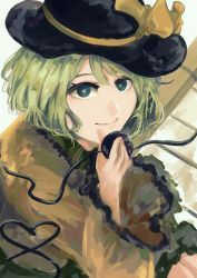 Rule 34 | 1girl, absurdres, black hat, blouse, closed mouth, commentary, eyebrows hidden by hair, frilled shirt collar, frilled sleeves, frills, green eyes, green hair, hair between eyes, hand up, hat, hat ribbon, heart, heart of string, highres, holding, komeiji koishi, long sleeves, looking at viewer, ribbon, shirt, short hair, smile, solo, third eye, totopepe888, touhou, upper body, wide sleeves, yellow ribbon, yellow shirt