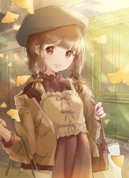 Rule 34 | 1girl, arms up, autumn, autumn leaves, bag, beret, black hat, braid, brown dress, brown eyes, brown hair, brown jacket, camisole, camisole over clothes, commentary request, door, dress, falling leaves, ginkgo leaf, hair ornament, hairclip, handbag, hat, head tilt, highres, holding, holding bag, hoshiibara mato, jacket, leaf, light particles, long sleeves, looking at viewer, off-shoulder jacket, off shoulder, open clothes, open jacket, open mouth, original, outdoors, shopping bag, solo, standing, twin braids, upper body