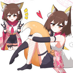 Rule 34 | 1girl, animal ear fluff, animal ears, asymmetrical legwear, black gloves, black legwear, black skirt, blue archive, breasts, brown eyes, brown hair, closed mouth, detached sleeves, fang, fishnet legwear, fishnets, floral print, fox ears, fox girl, fox hair ornament, fox shadow puppet, fox tail, from side, gloves, hair ornament, halo, heart, highres, holster, izuna (blue archive), japanese clothes, kimono, kunai, light blush, long sleeves, looking at viewer, mismatched legwear, multiple views, neckerchief, notice lines, obi, partially fingerless gloves, pink kimono, pink neckerchief, pink scarf, pleated skirt, pom pom (clothes), pom pom hair ornament, sailor collar, sash, scarf, short hair, simple background, sitting, skin fang, skirt, sleeveless, small breasts, sweatdrop, tail, thigh holster, two-tone background, user wvdn2827, weapon, white background